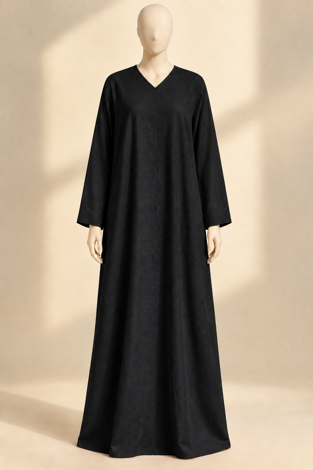 Black V-neck prayer dress, front view