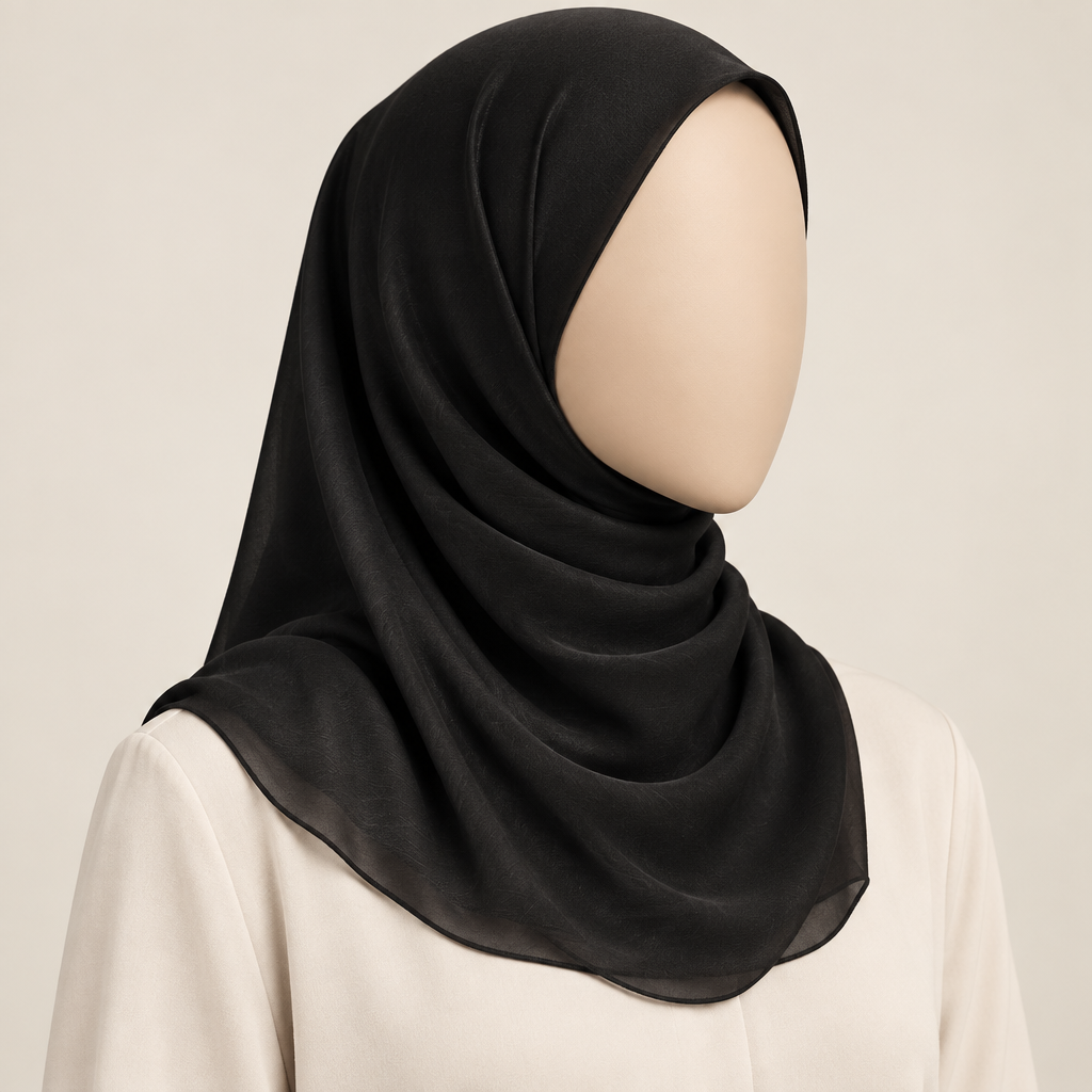 Close-cropped faceless model wearing black high multi chiffon pearl fabric with a short shoulder-length drape