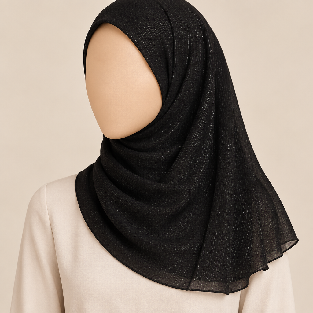 Close-cropped faceless model wearing black plain shimmer chiffon fabric with a short shoulder-length drape