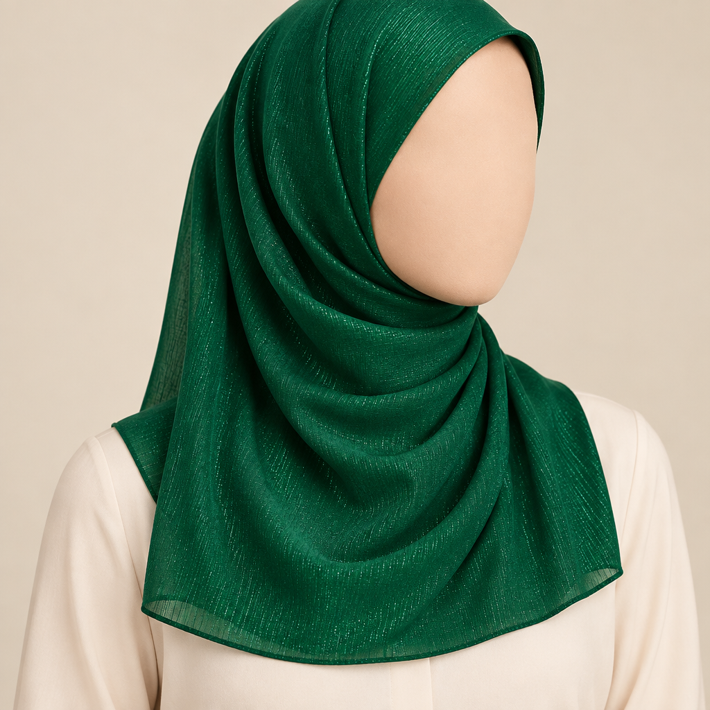 Close-cropped faceless model wearing emerald plain shimmer chiffon fabric with a short shoulder-length drape