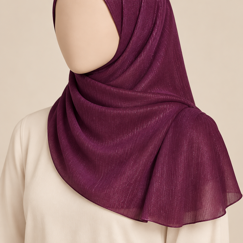 Close-cropped faceless model wearing fig purple plain shimmer chiffon fabric with a short shoulder-length drape