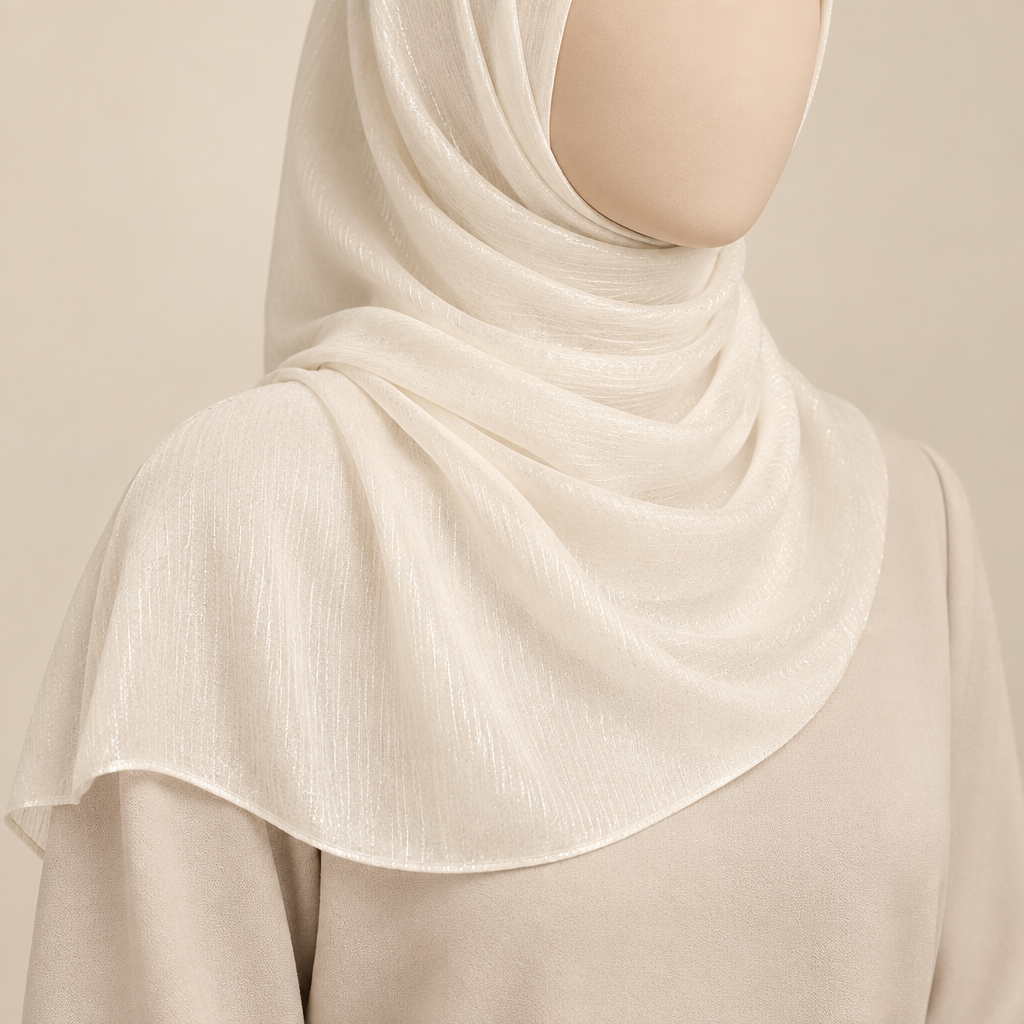 Close-cropped faceless model wearing ivory plain shimmer chiffon fabric with a short shoulder-length drape