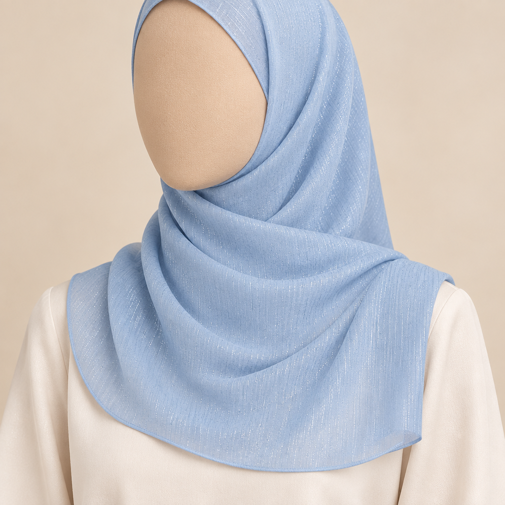 Close-cropped faceless model wearing powder blue plain shimmer chiffon fabric with a short shoulder-length drape