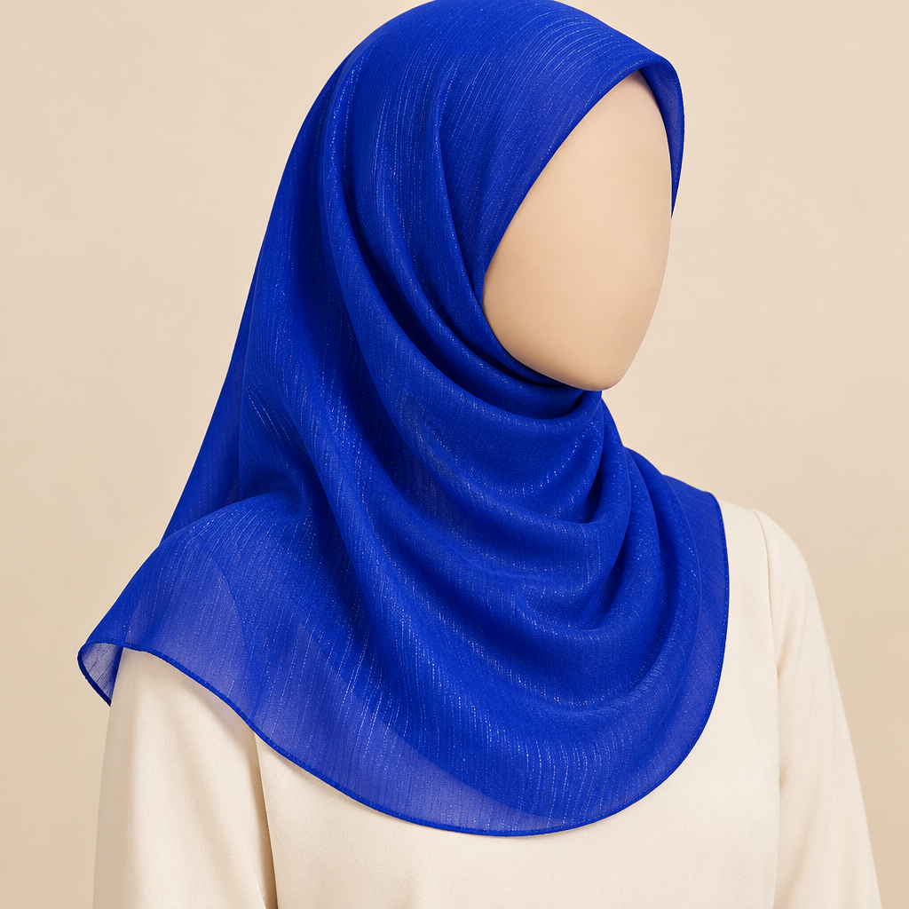 Close-cropped faceless model wearing royal blue plain shimmer chiffon fabric with a short shoulder-length drape