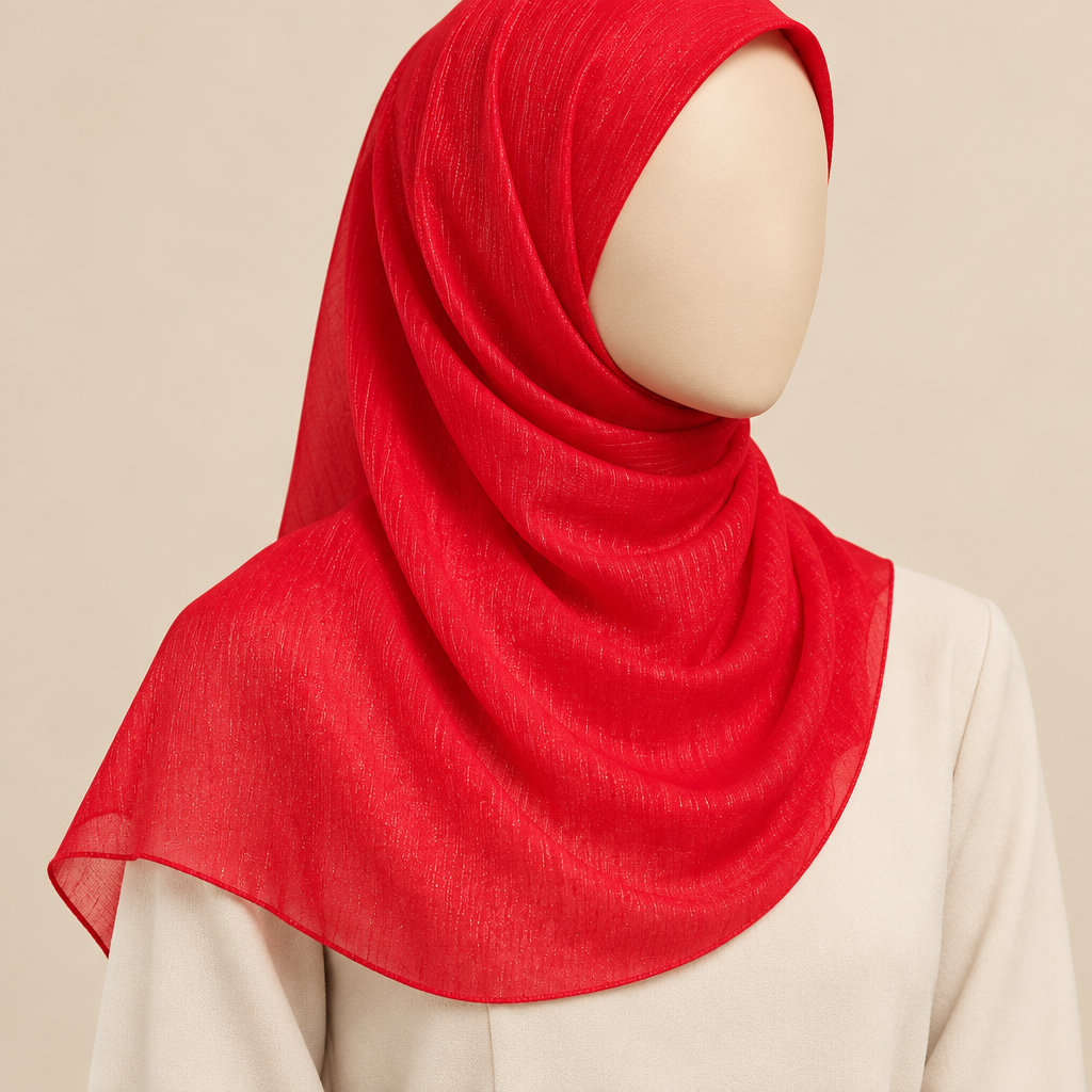 Close-cropped faceless model wearing scarlet plain shimmer chiffon fabric with a short shoulder-length drape