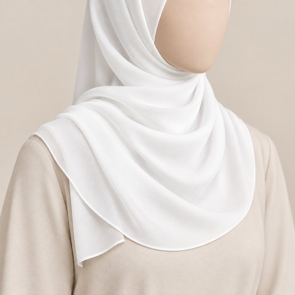 Close-cropped faceless model wearing white high multi chiffon pearl fabric with a short shoulder-length drape