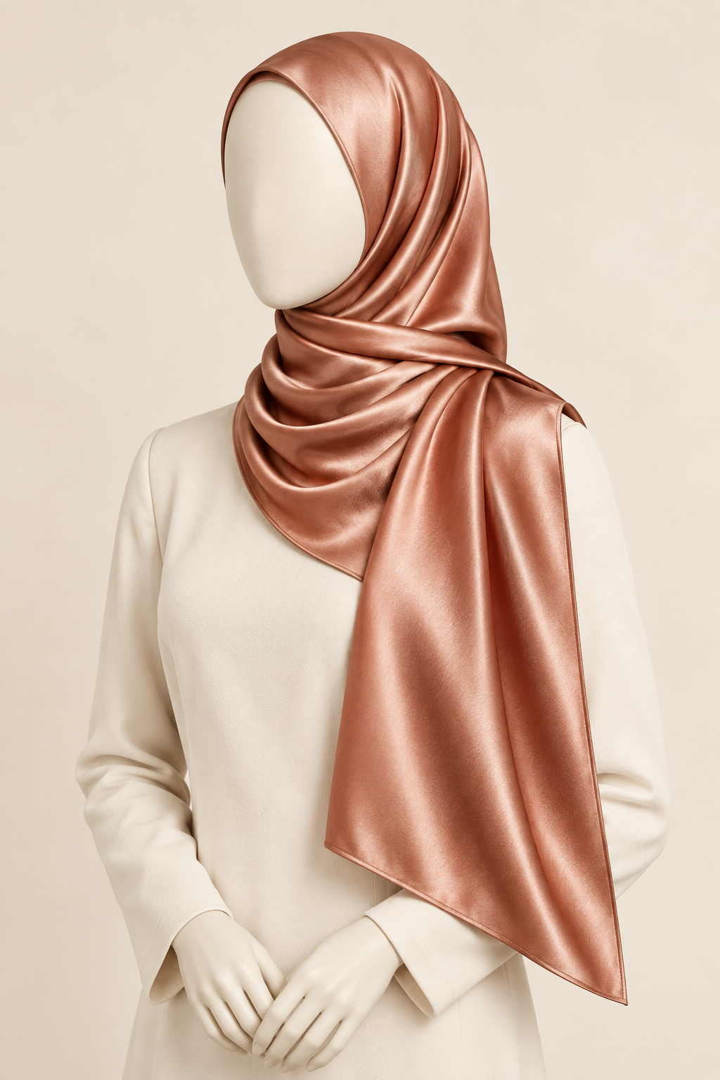 Copper-peach satin hijab on a faceless model