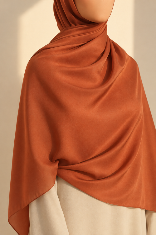 Faceless model wearing a terracotta chiffon hijab