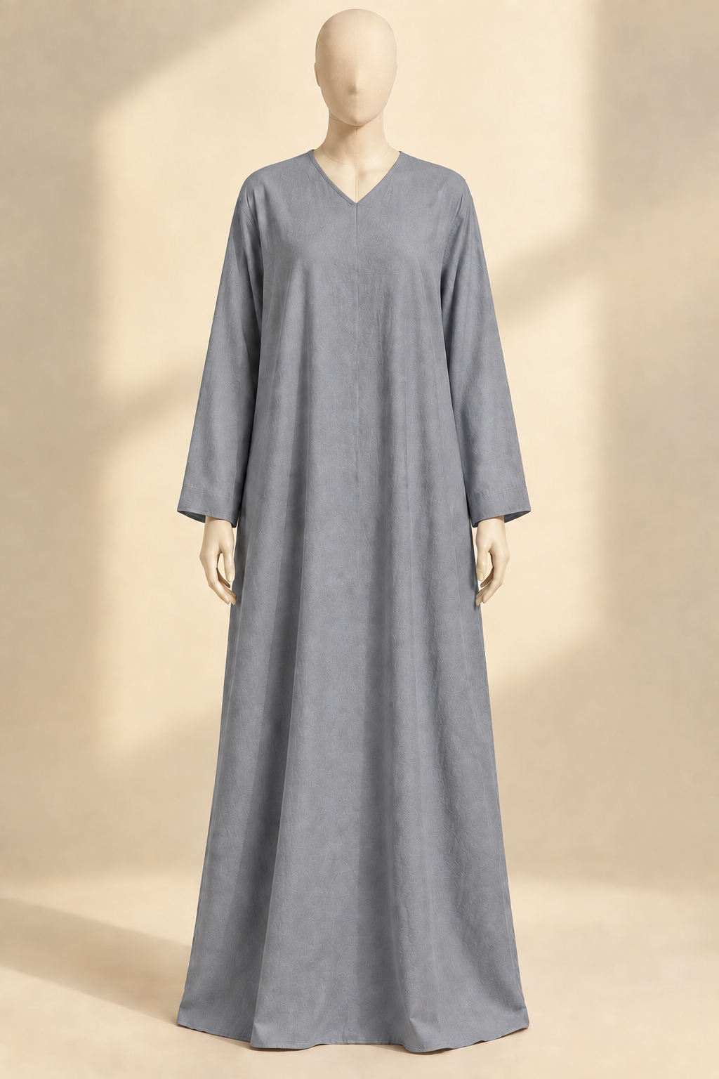 Grey V-neck prayer dress, front view