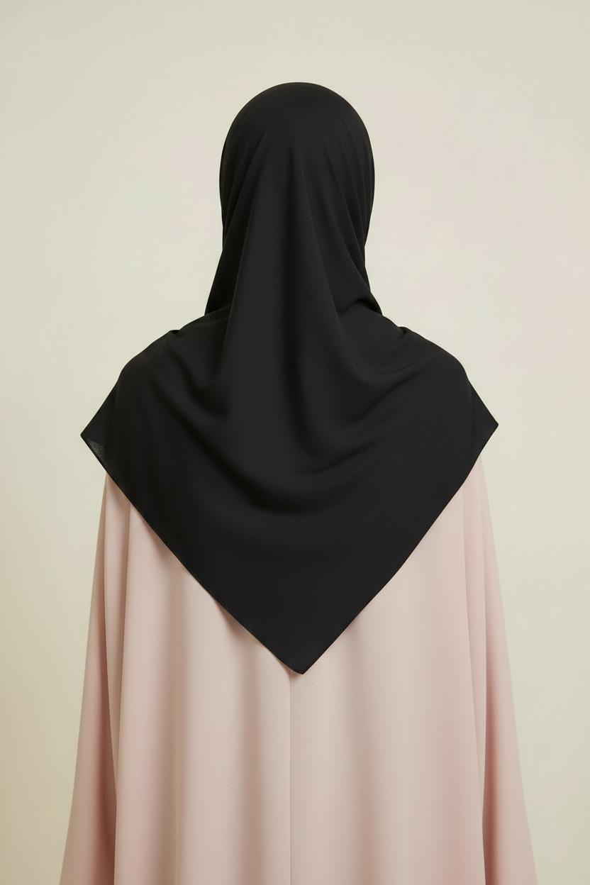 Charcoal black jersey hijab - back view, faceless mannequin, light pink outfit