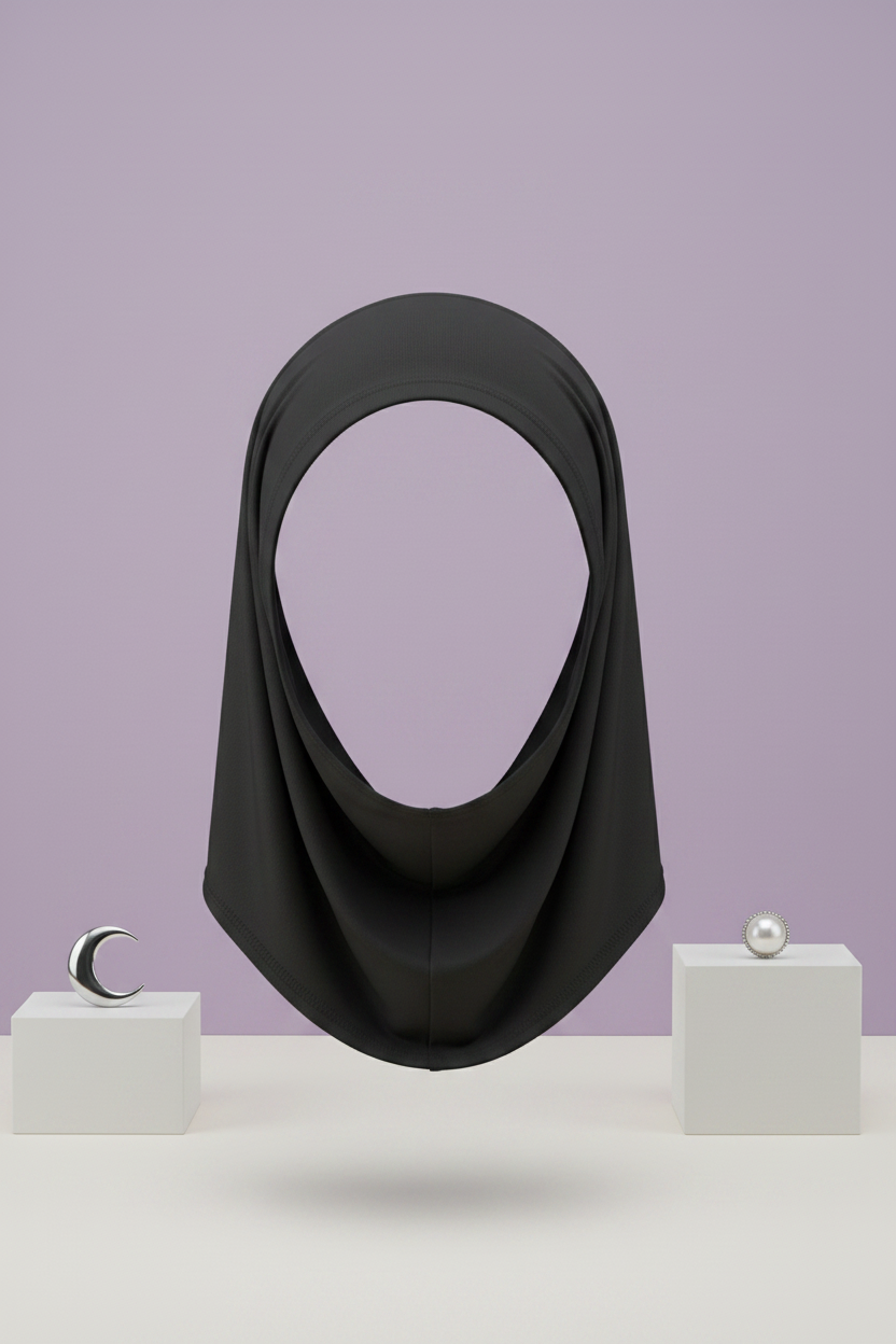 Black hijab on faceless mannequin, lavender background with display blocks