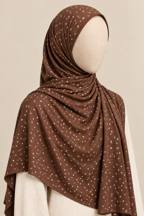Faceless model wearing a brown polka dot jersey hijab