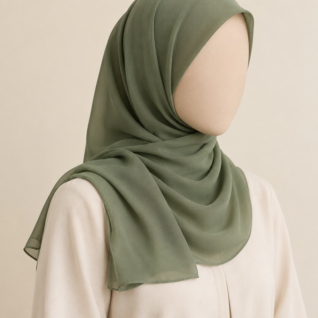 Close-cropped faceless model wearing a dill green plain polyester chiffon hijab with a short shoulder-length drape