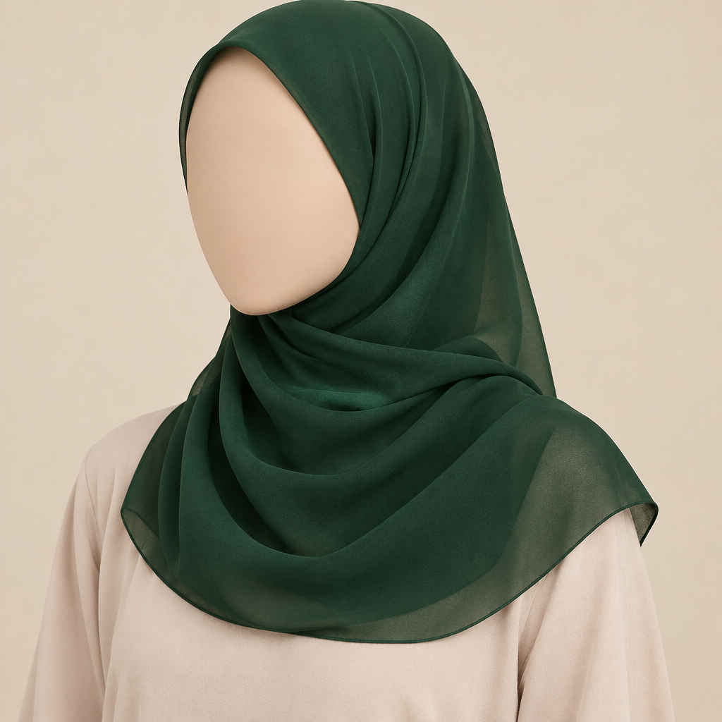 Close-cropped faceless model wearing an ivy green plain polyester chiffon hijab with a short shoulder-length drape