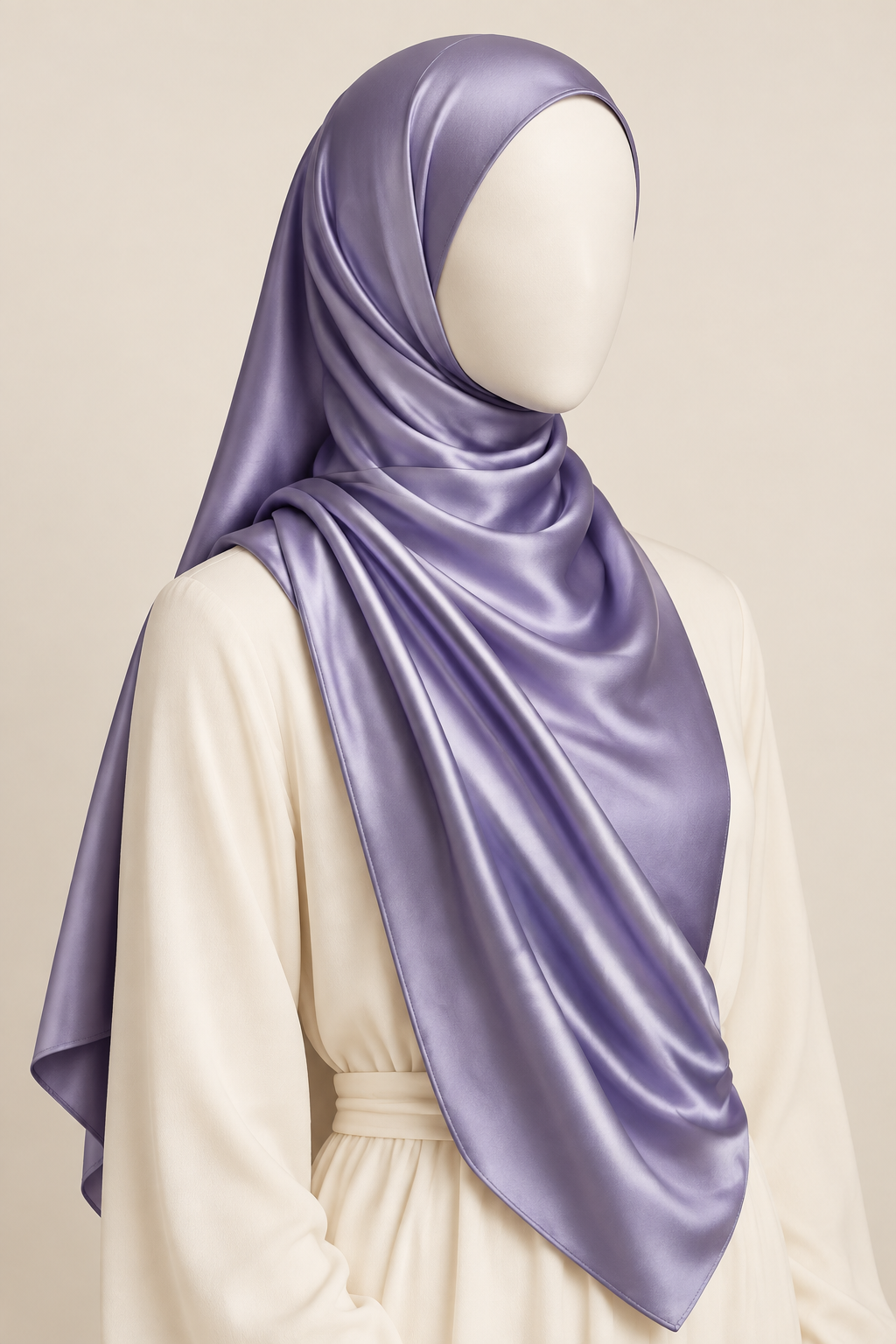 AI-generated styling mockup of a lavender-purple satin scarf on a faceless mannequin