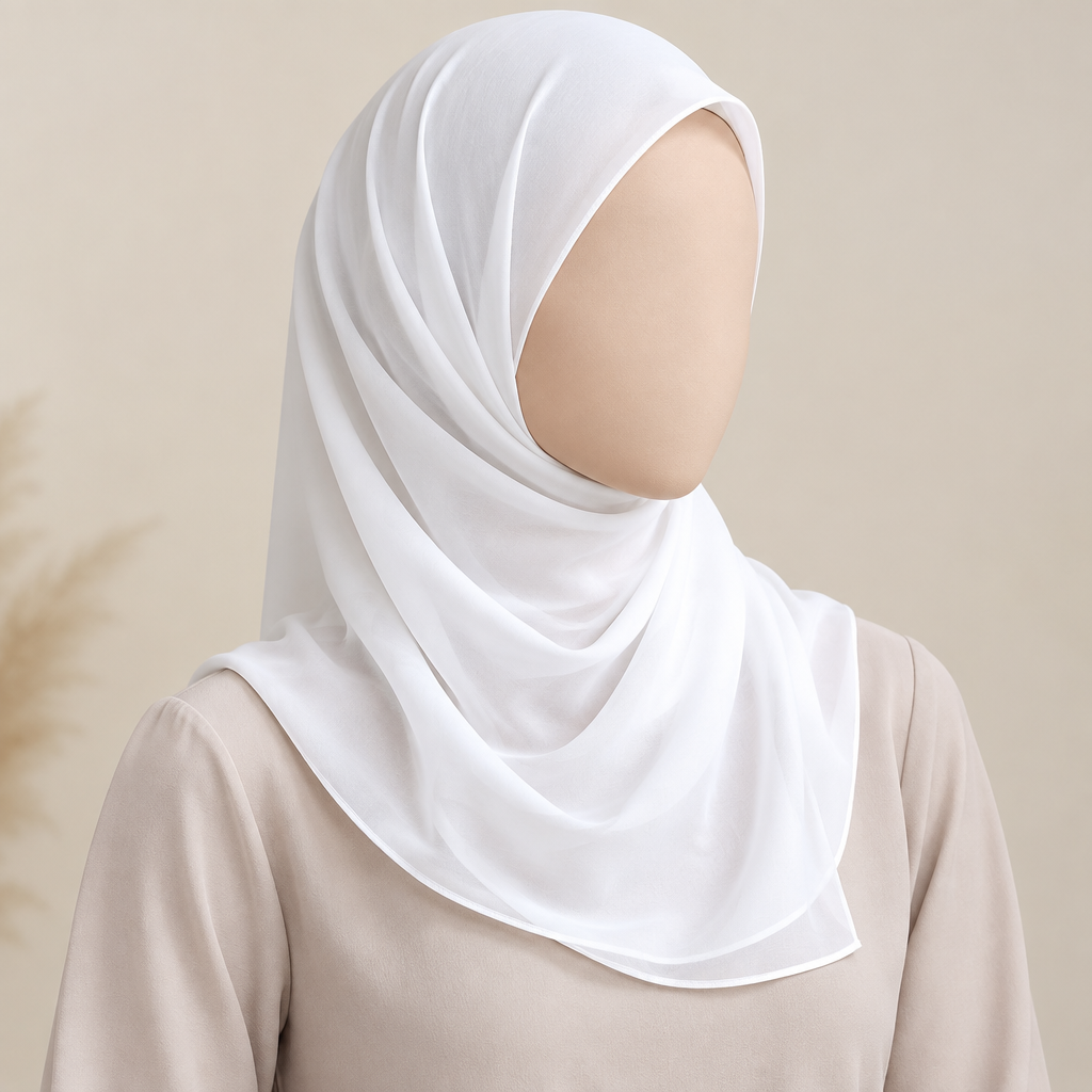 Close-cropped faceless model wearing a white plain polyester chiffon hijab with a short shoulder-length drape