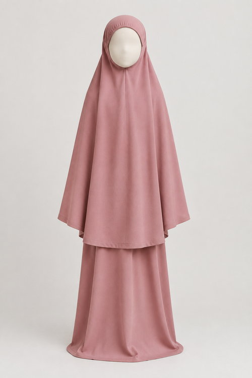 Full-length dusty-rose girls' prayer outfit with matching head covering on a child-sized faceless mannequin