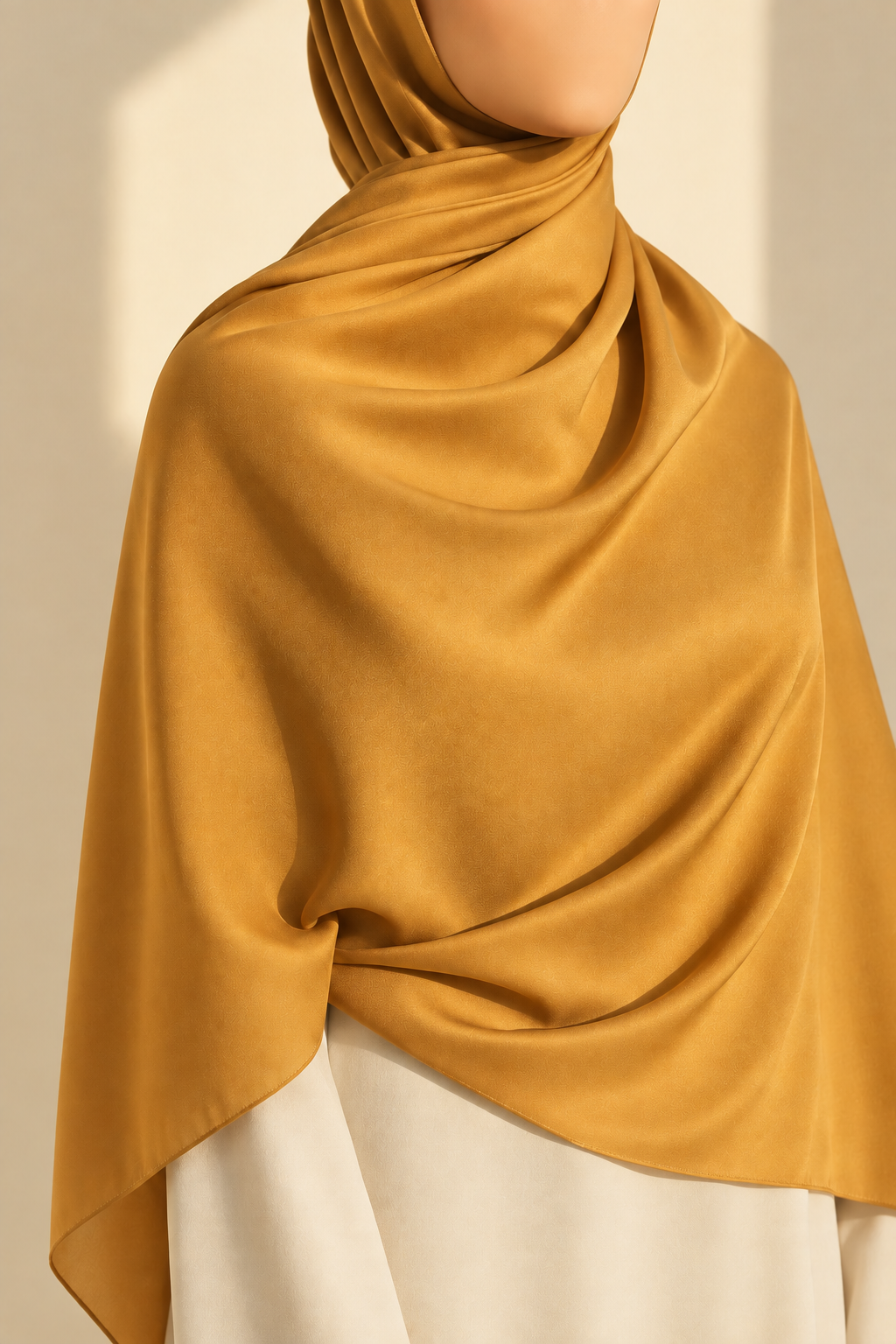 Faceless model wearing a golden chiffon hijab