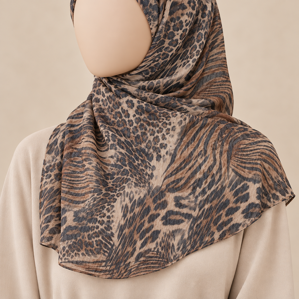 Close-cropped faceless model wearing Savannah Brown printed crinkle chiffon with a short shoulder-length drape