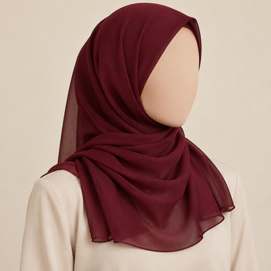Close-cropped faceless model wearing a beaujolais plain polyester chiffon hijab with a short shoulder-length drape