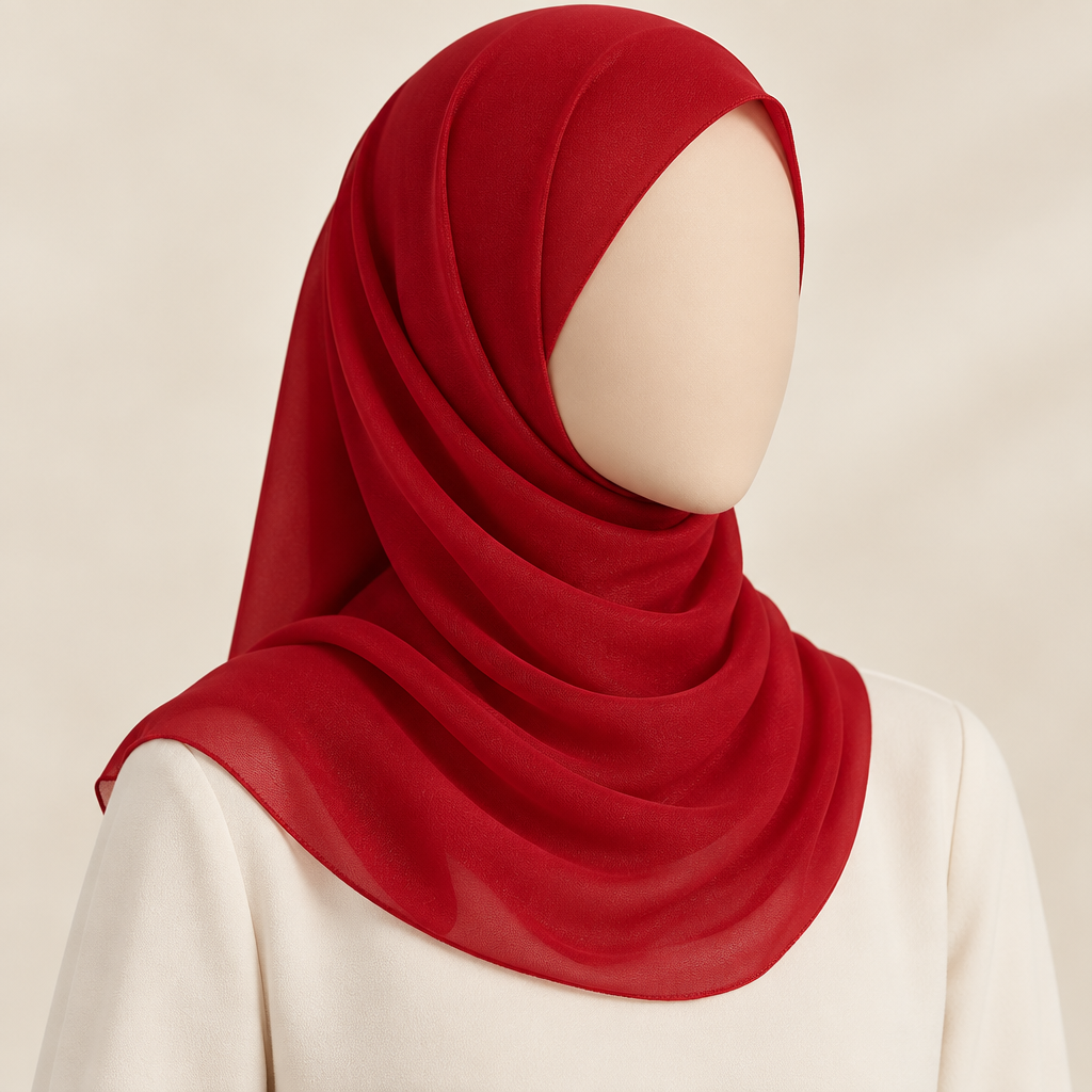 Close-cropped faceless model wearing red high multi chiffon pearl fabric with a short shoulder-length drape