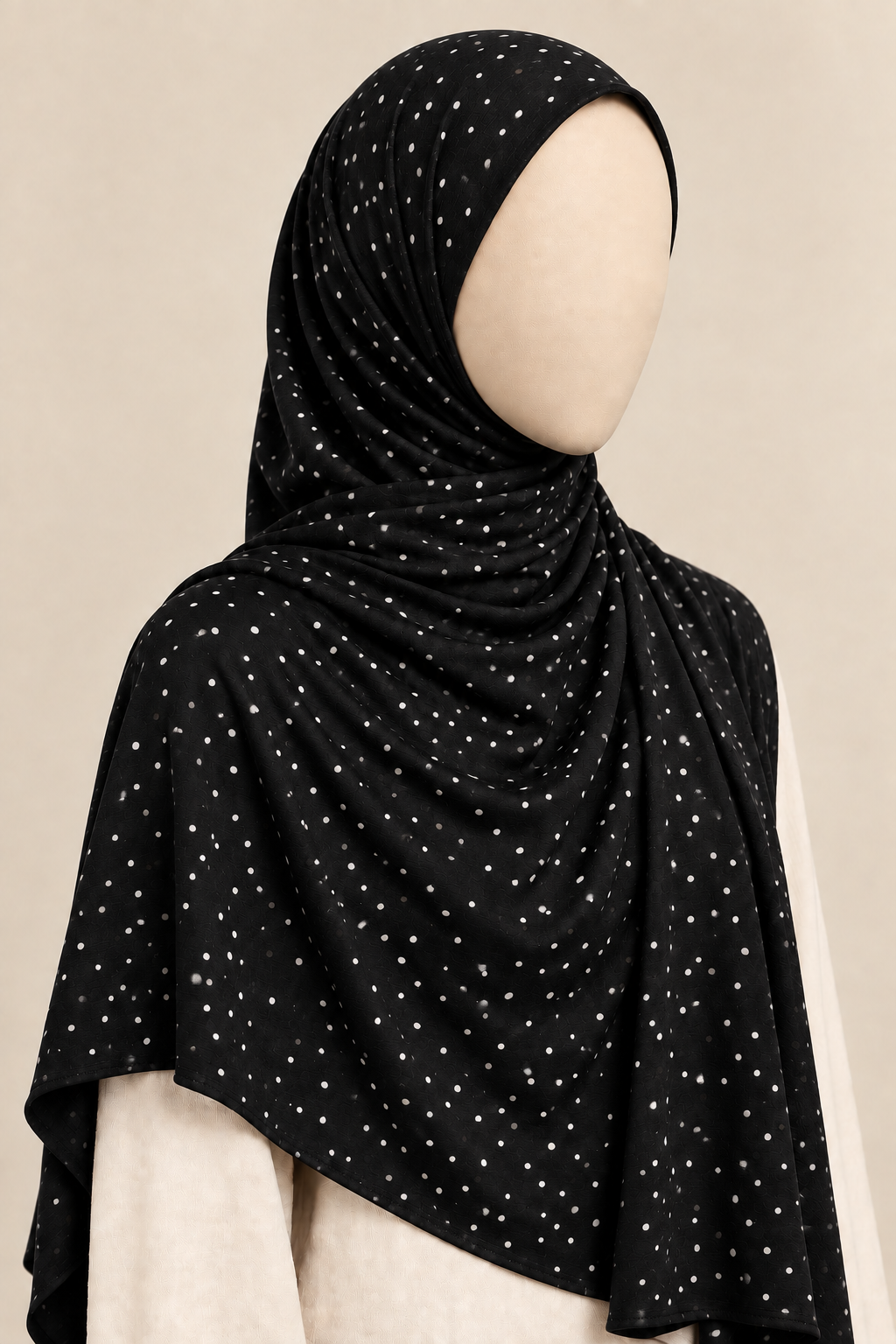Faceless model wearing a black polka dot jersey hijab