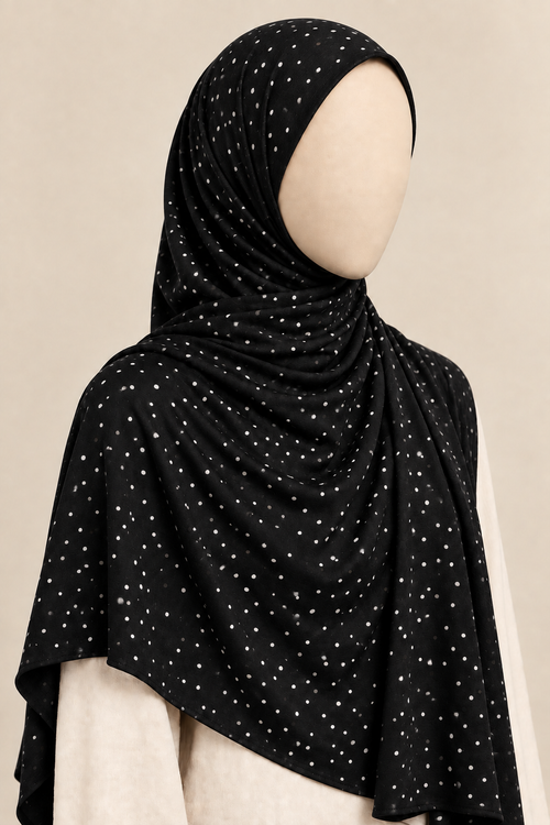 Faceless model wearing a black polka dot jersey hijab