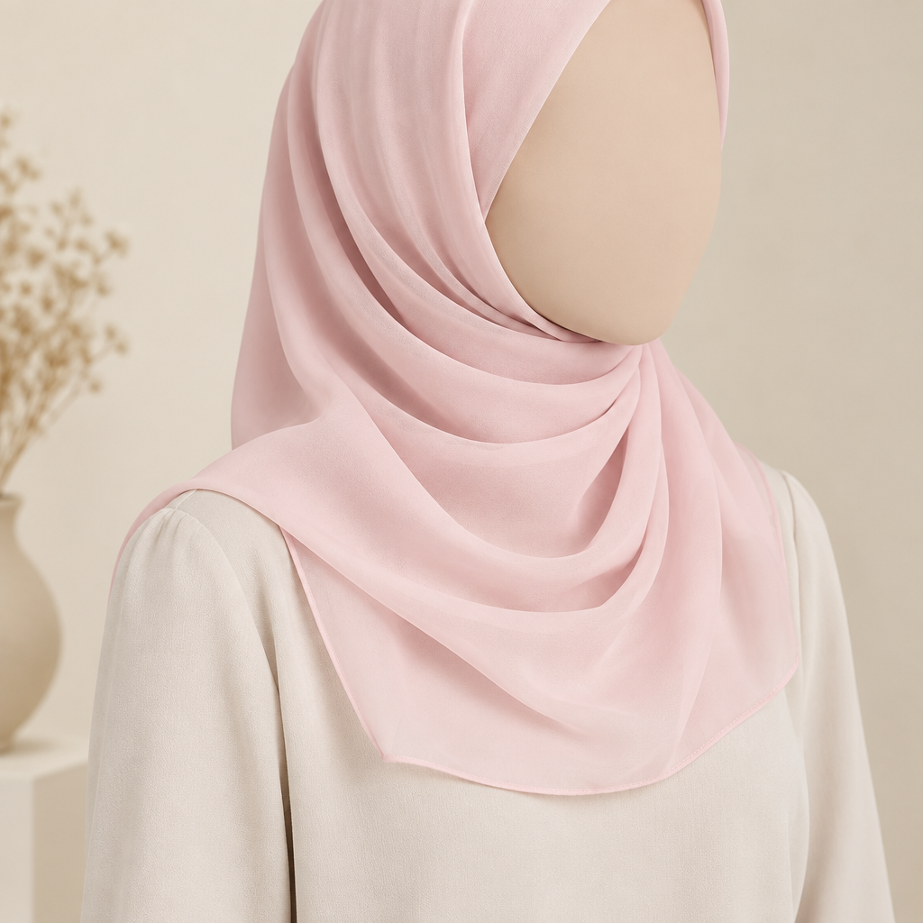 Close-cropped faceless model wearing a ballet slipper pink plain polyester chiffon hijab with a short shoulder-length drape