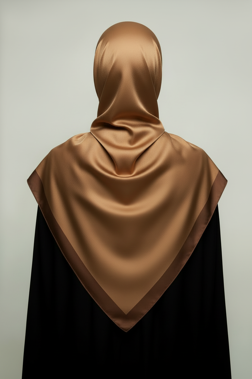 Minimal Luxe Hijab — Caramel Honey with Satin Border (Back)