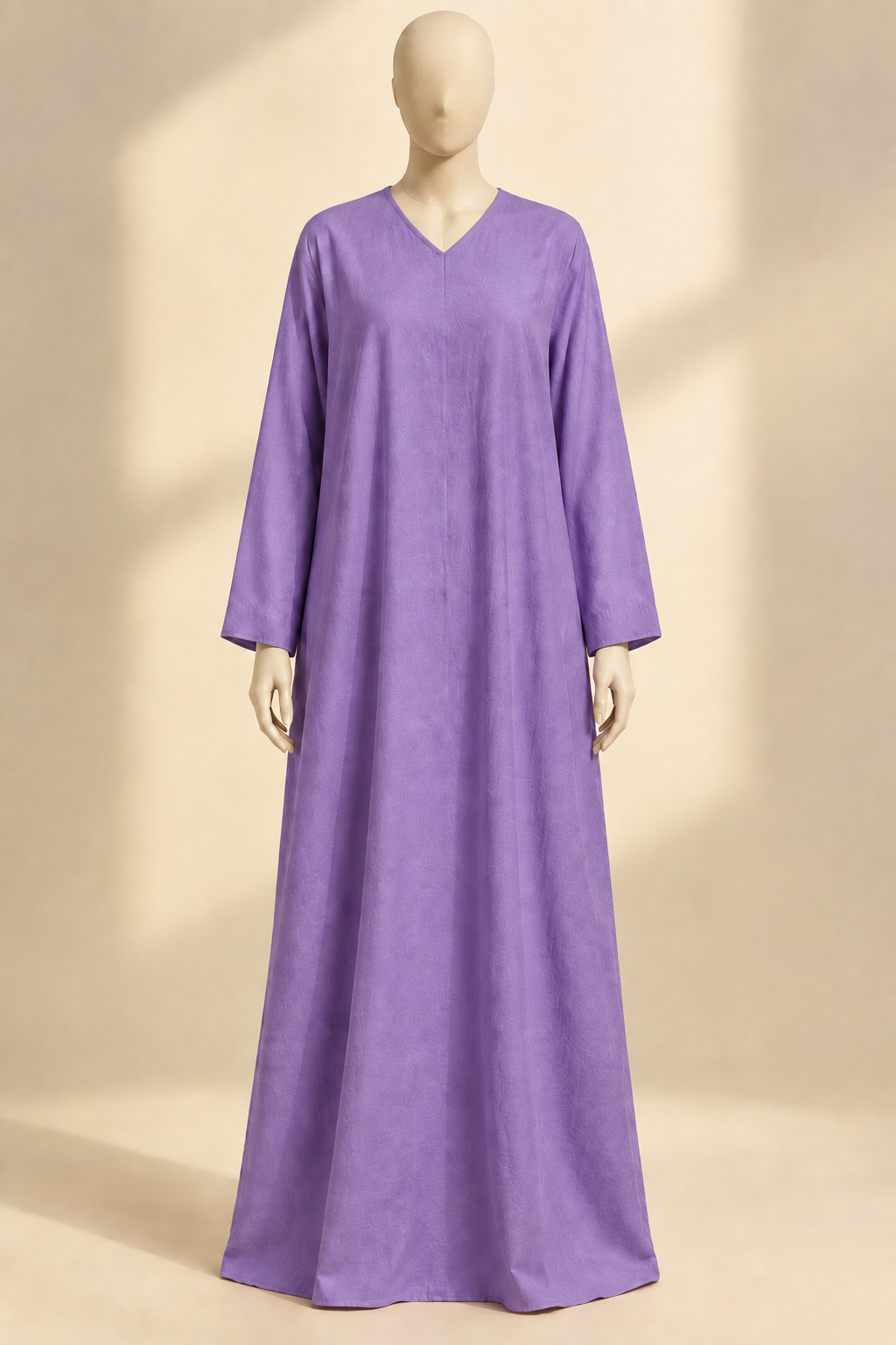 Purple V-neck prayer dress, front view